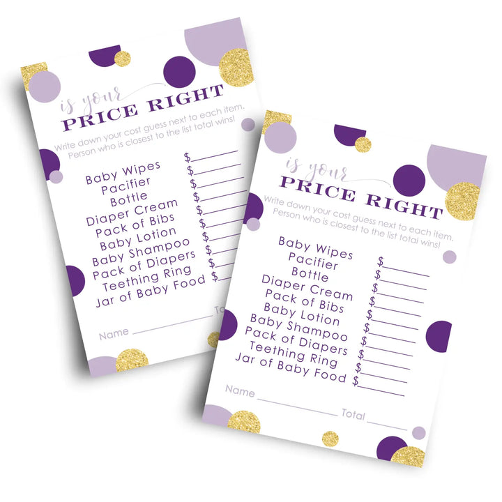 Purple and gold guess the price baby shower games – 25 guests modern mermaid themed activities for girls prince