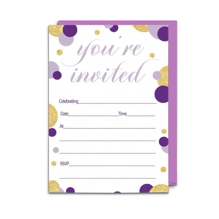 Purple and gold invitations with envelopes (15 pack)