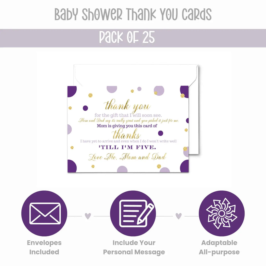 Purple and Gold Thank You Cards for Girls Baby Shower – Notecards with Envelopes (Pack of 25) - Paper Clever Party