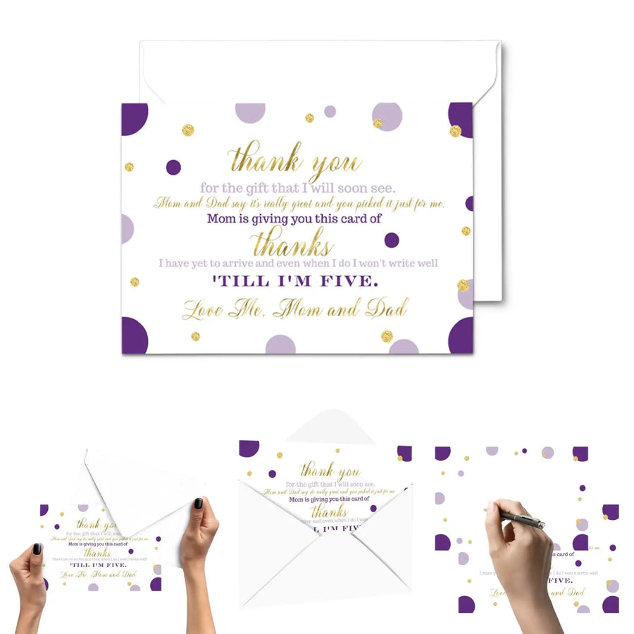 Purple and Gold Thank You Cards for Girls Baby Shower – Notecards with Envelopes (Pack of 25) - Paper Clever Party