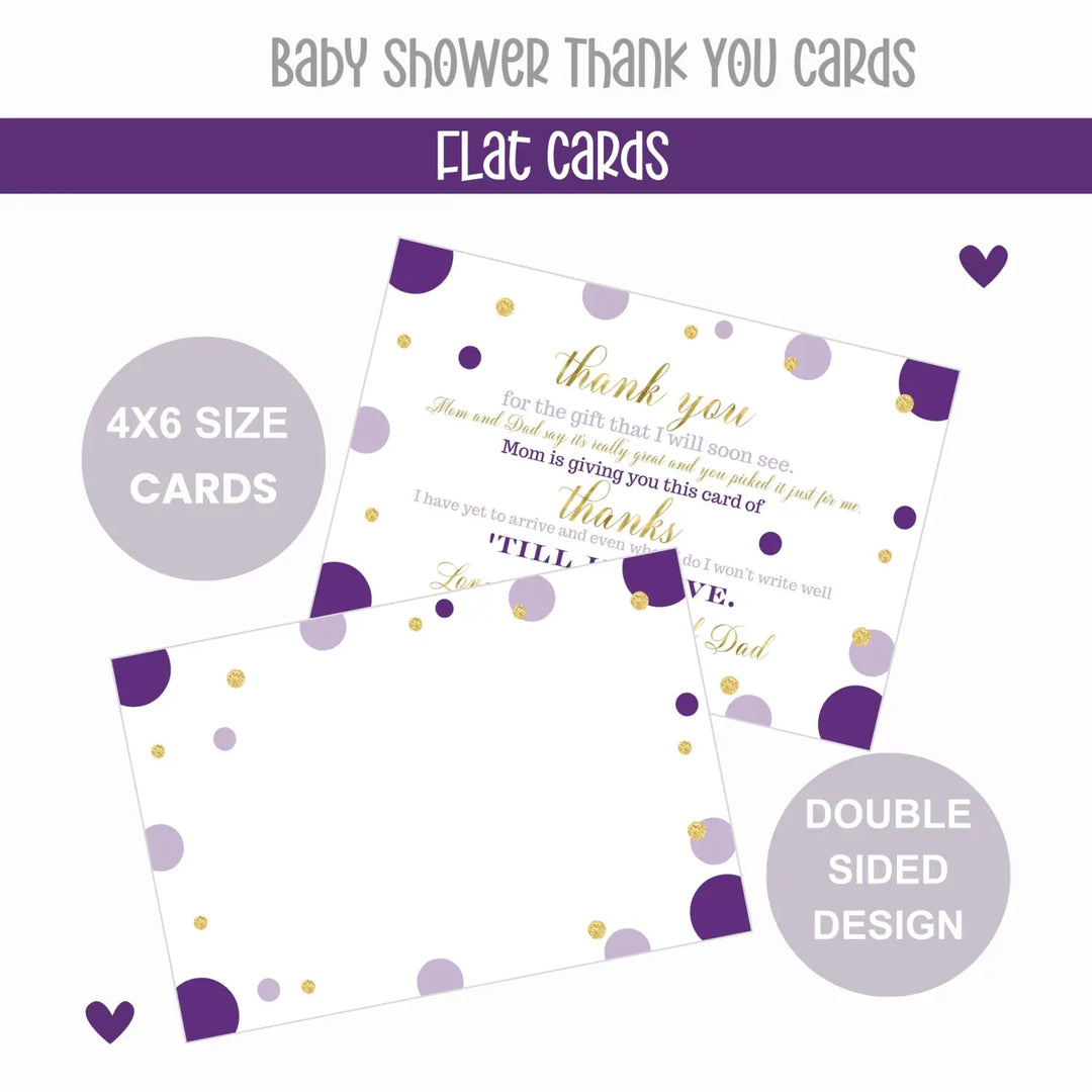 Purple and Gold Thank You Cards for Girls Baby Shower – Notecards with Envelopes (Pack of 25) - Paper Clever Party