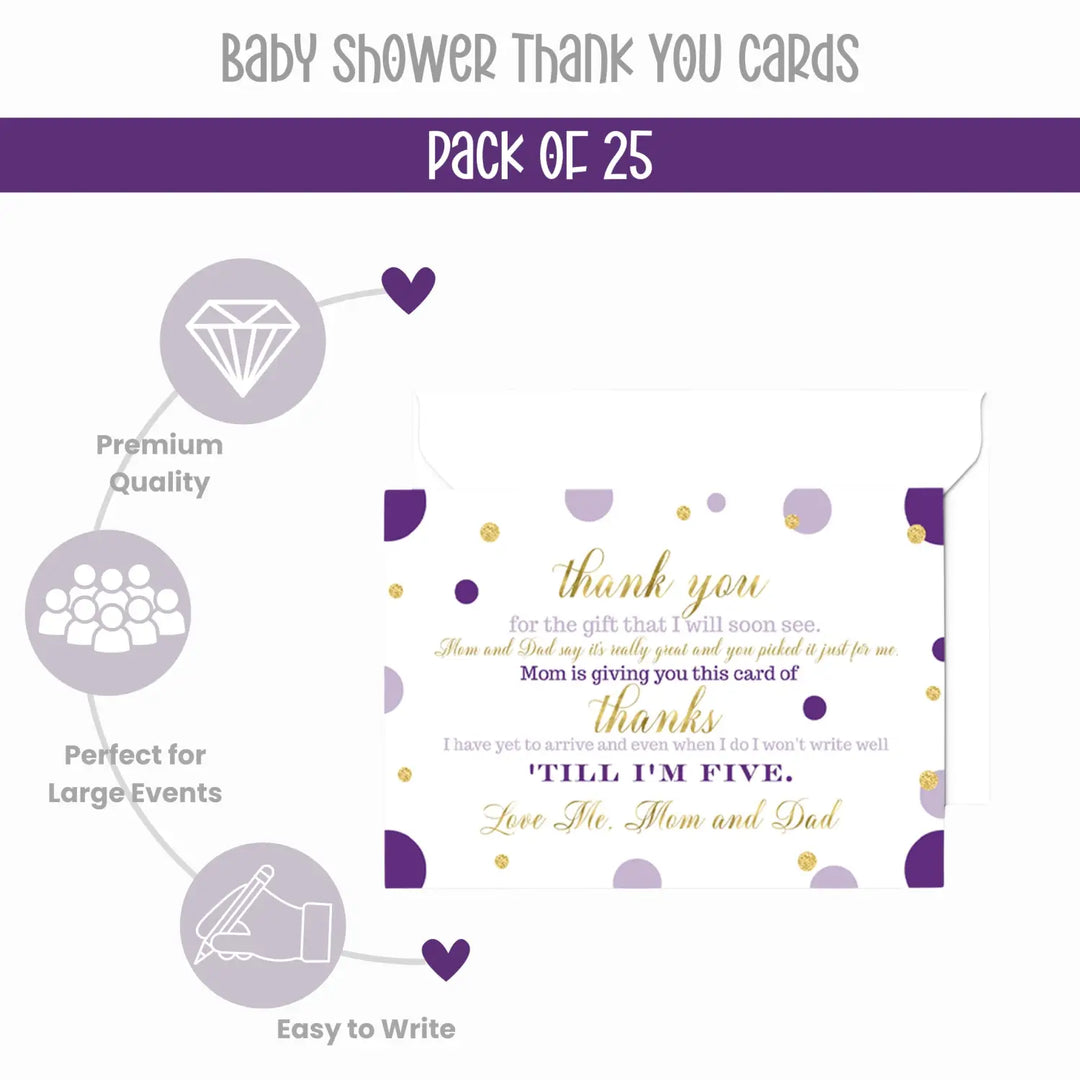 Purple and Gold Thank You Cards for Girls Baby Shower – Notecards with Envelopes (Pack of 25) - Paper Clever Party