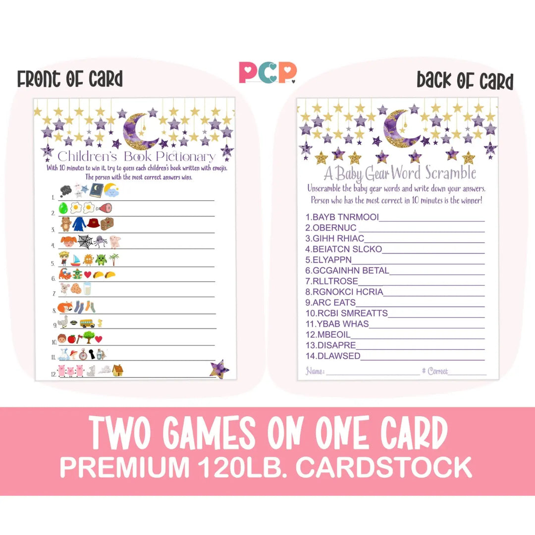 Purple & Gold Twinkle Little Star Baby Shower Game Set with Word Scramble and Emoticon Guessing - Paper Clever Party