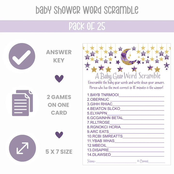 Purple & Gold Twinkle Little Star Baby Shower Game Set with Word Scramble and Emoticon Guessing - Paper Clever Party