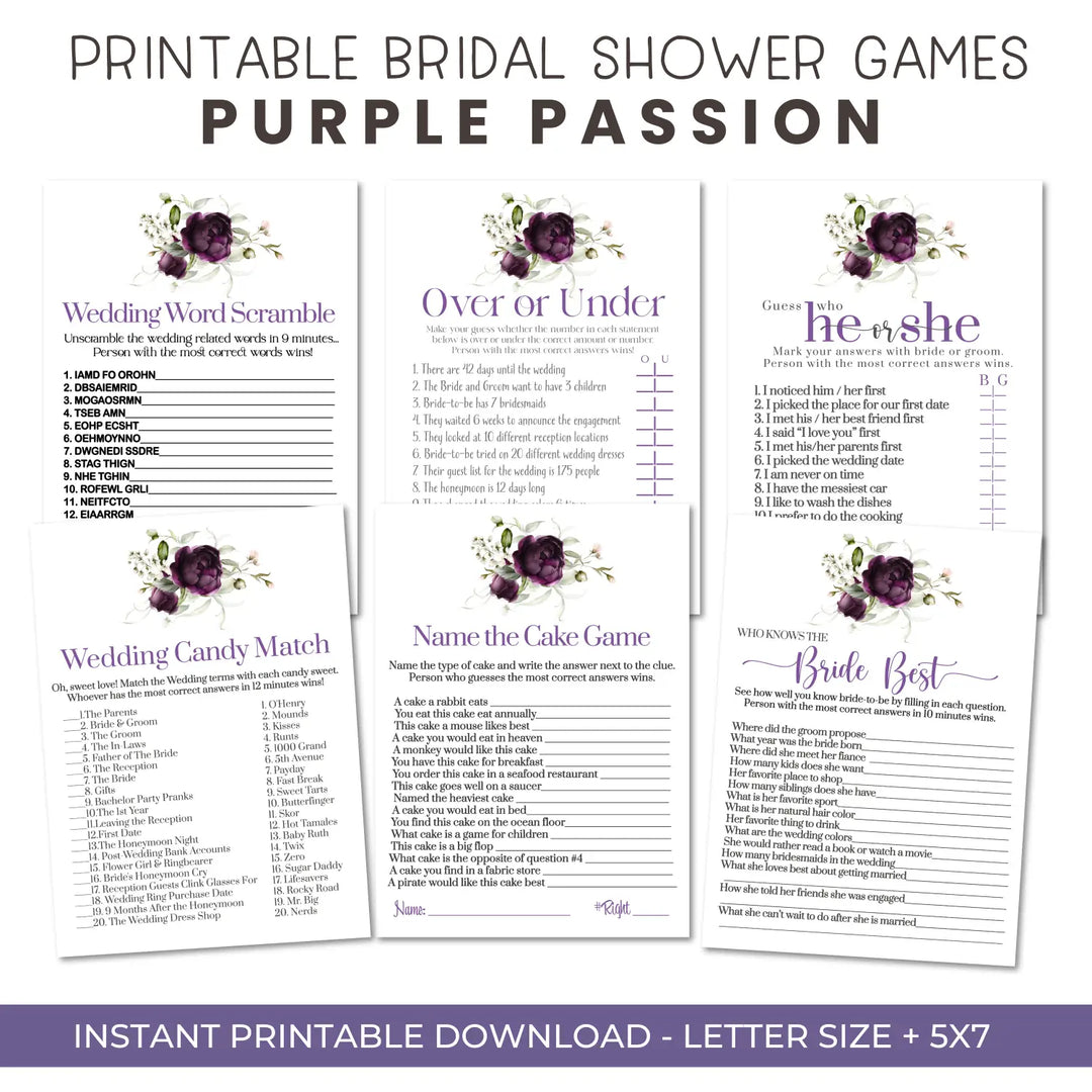 Purple passion bridal shower game bundle instant download modern printable wedding games fun for guests easy print pdf