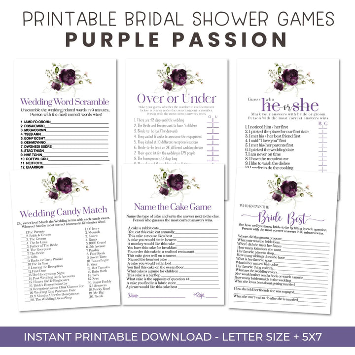 Purple passion bridal shower game bundle instant download modern printable wedding games fun for guests easy print pdf