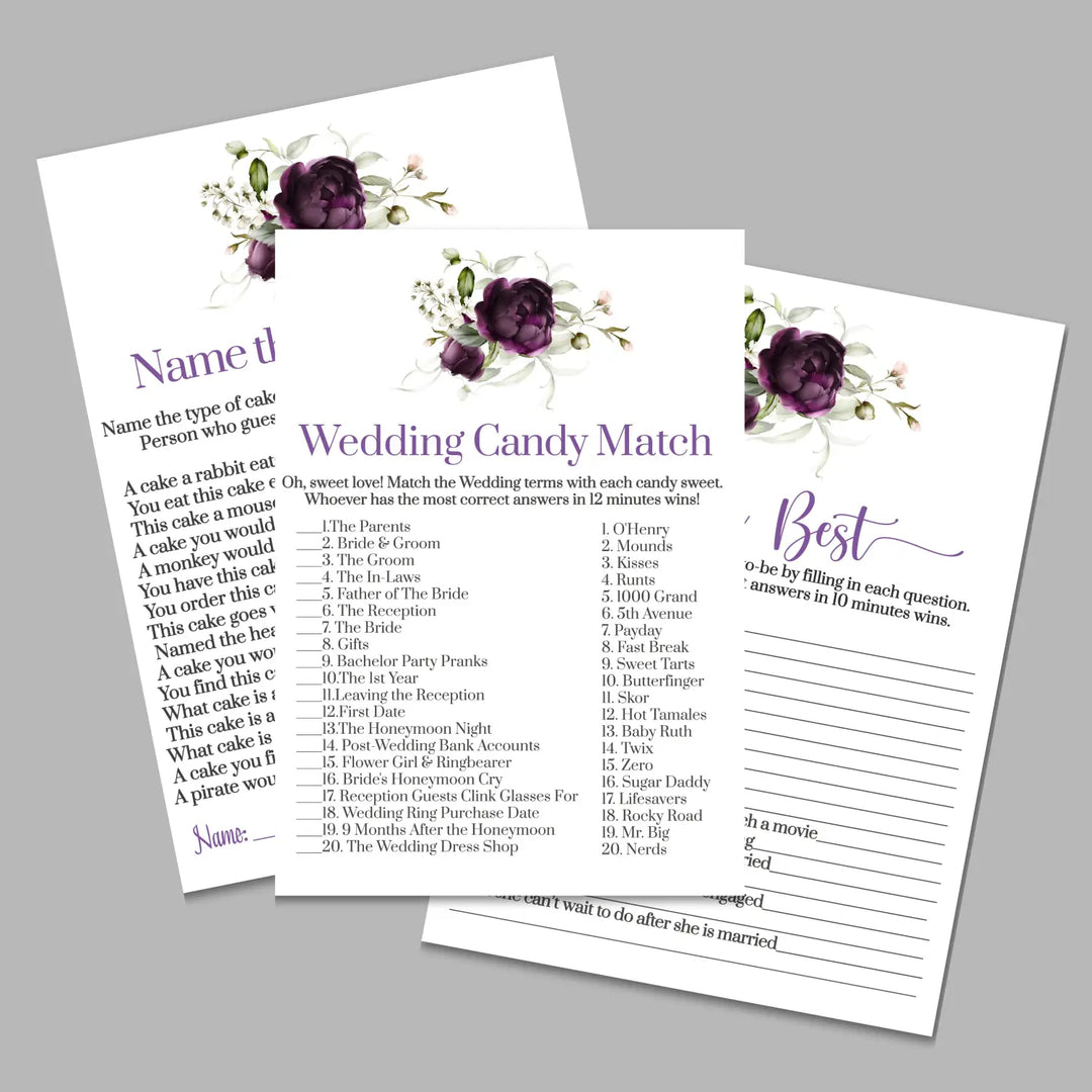 Purple passion bridal shower game bundle instant download modern printable wedding games fun for guests easy print pdf