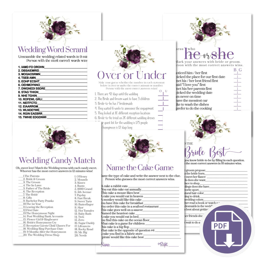 Purple passion bridal shower game bundle instant download modern printable wedding games fun for guests easy print pdf