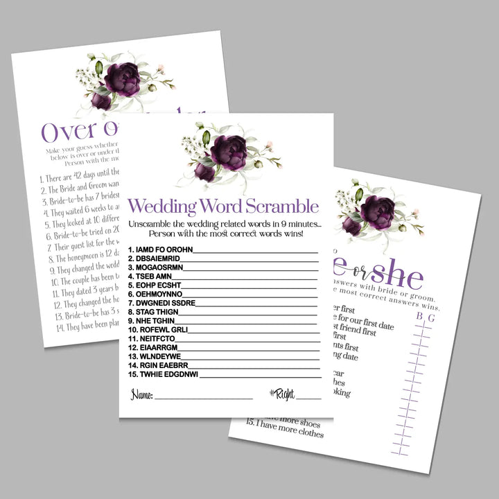 Purple passion bridal shower game bundle instant download modern printable wedding games fun for guests easy print pdf