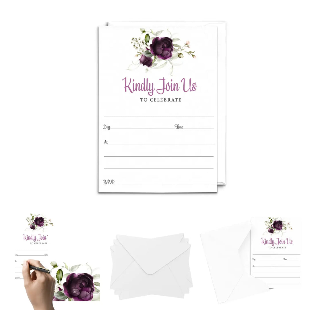 Purple Passion Floral Invitations with Envelopes, 25 Pack, 5x7 Blank Cards for All Occasions - Paper Clever Party