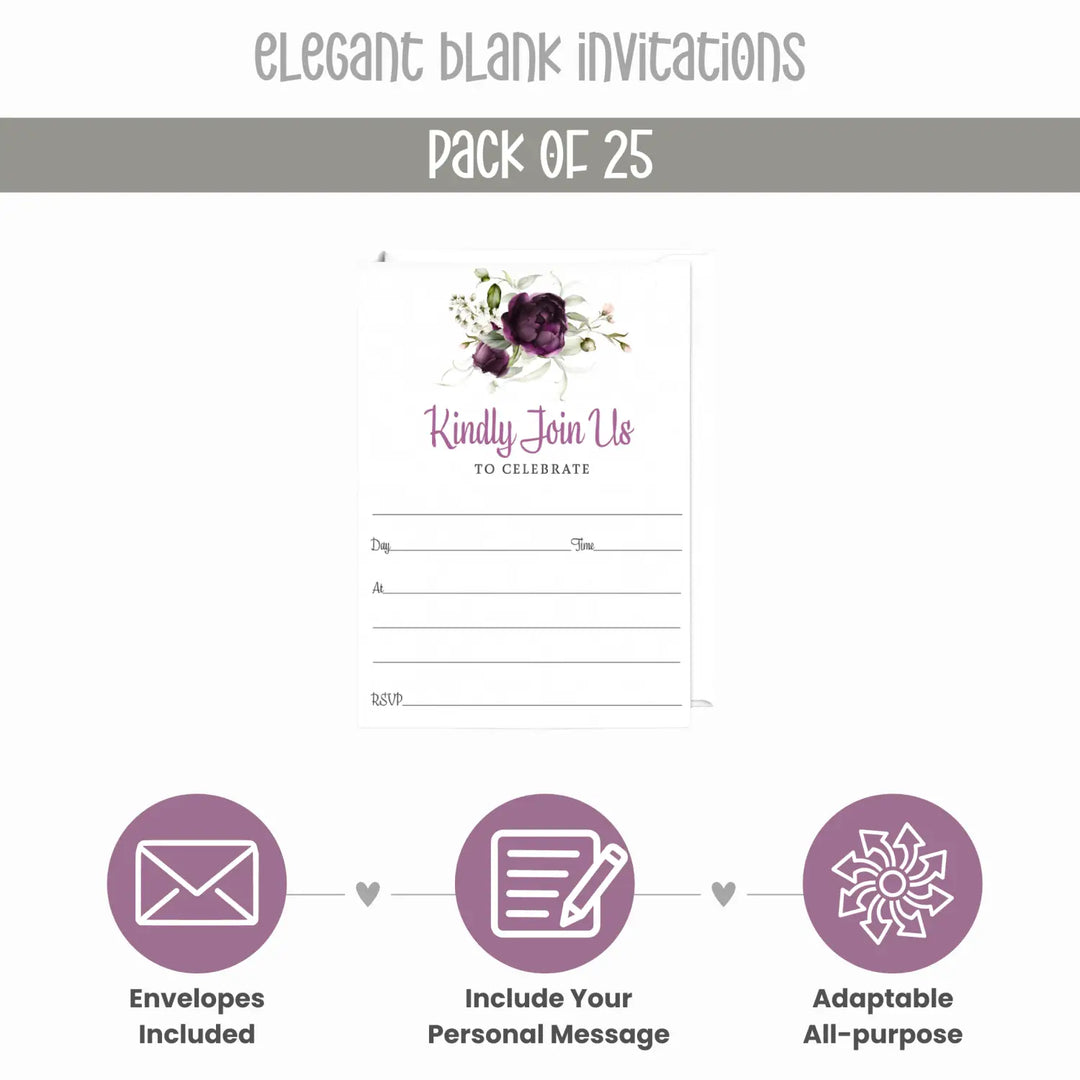 Purple Passion Floral Invitations with Envelopes, 25 Pack, 5x7 Blank Cards for All Occasions - Paper Clever Party