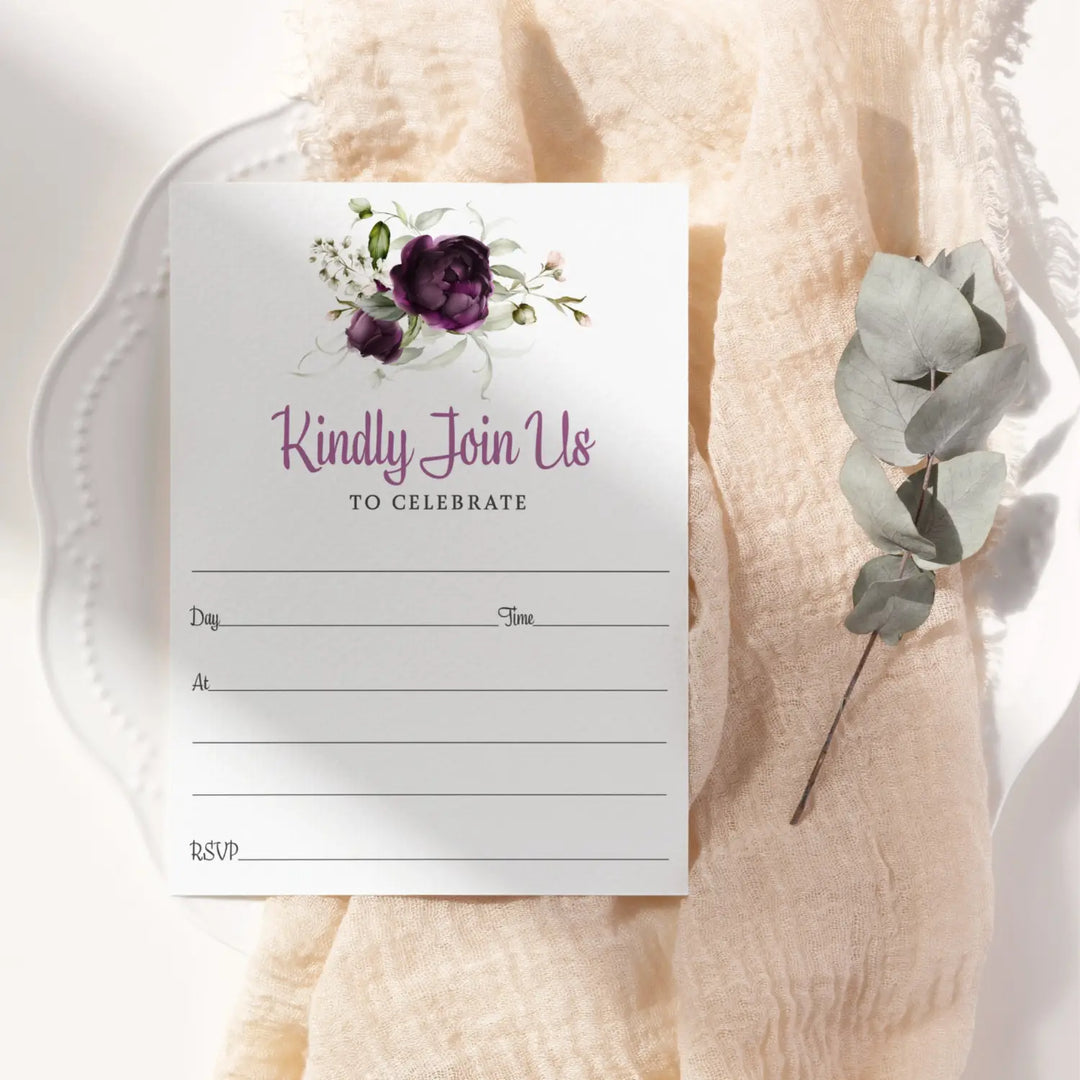 Purple Passion Floral Invitations with Envelopes, 25 Pack, 5x7 Blank Cards for All Occasions - Paper Clever Party