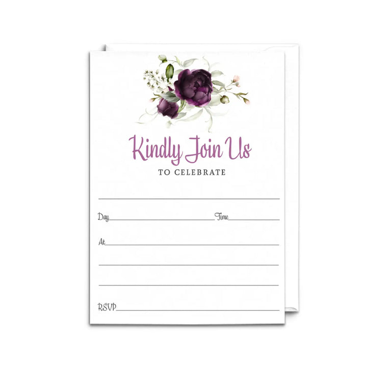 Purple Passion Floral Invitations with Envelopes, 25 Pack, 5x7 Blank Cards for All Occasions - Paper Clever Party