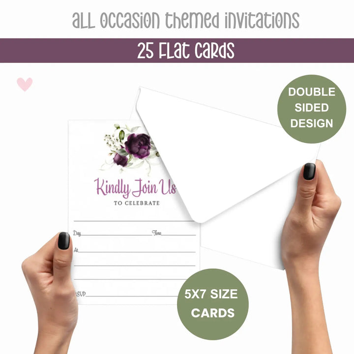 Purple Passion Floral Invitations with Envelopes, 25 Pack, 5x7 Blank Cards for All Occasions - Paper Clever Party