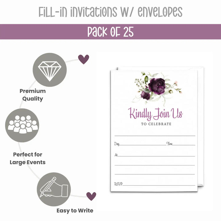 Purple Passion Floral Invitations with Envelopes, 25 Pack, 5x7 Blank Cards for All Occasions - Paper Clever Party