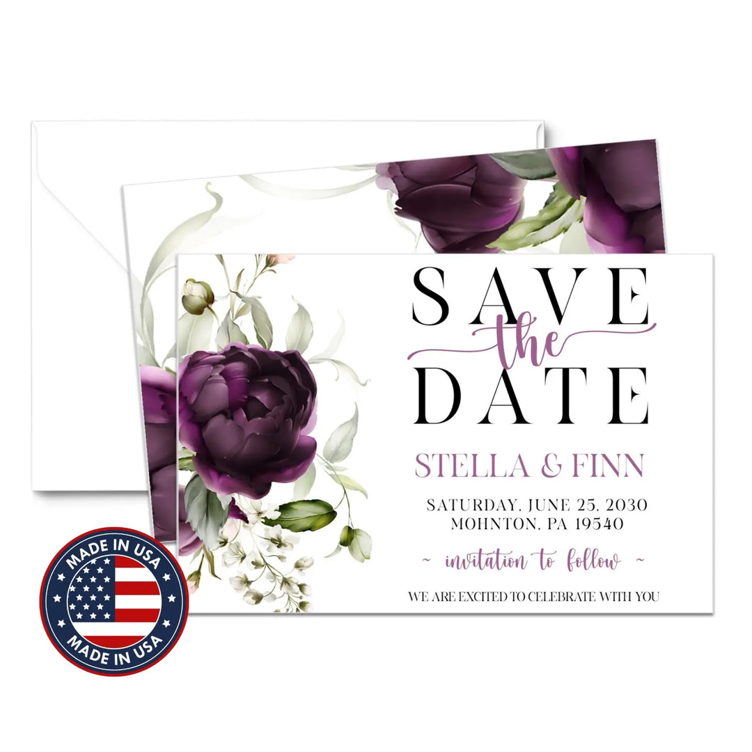 Purple passion save the date cards 3.5x5 & 4bar sizes printable printed options wedding event announcements