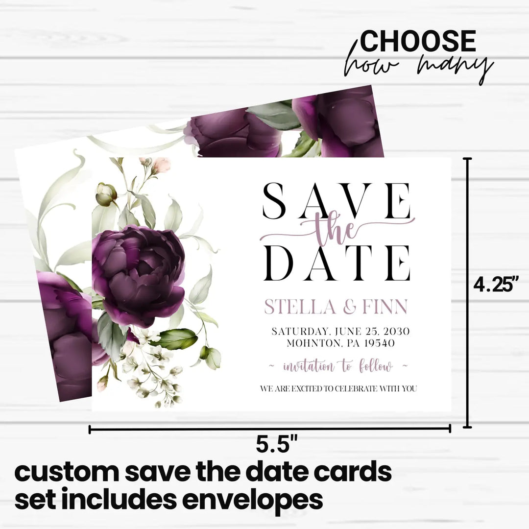 Purple passion save the date cards 3.5x5 & 4bar sizes printable printed options wedding event announcements