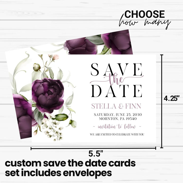 Purple passion save the date cards 3.5x5 & 4bar sizes printable printed options wedding event announcements