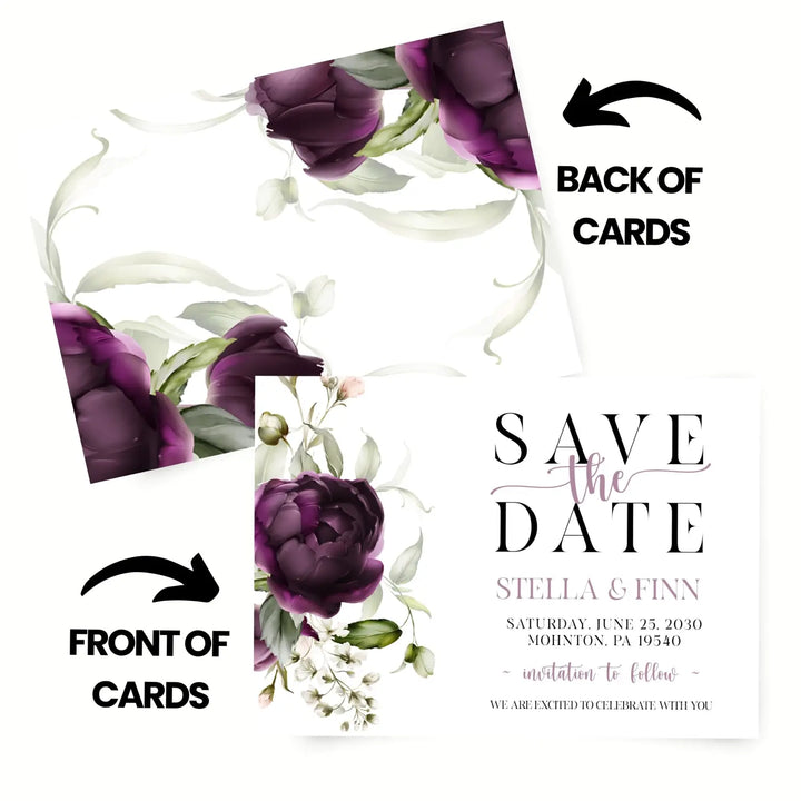 Purple passion save the date cards 3.5x5 & 4bar sizes printable printed options wedding event announcements