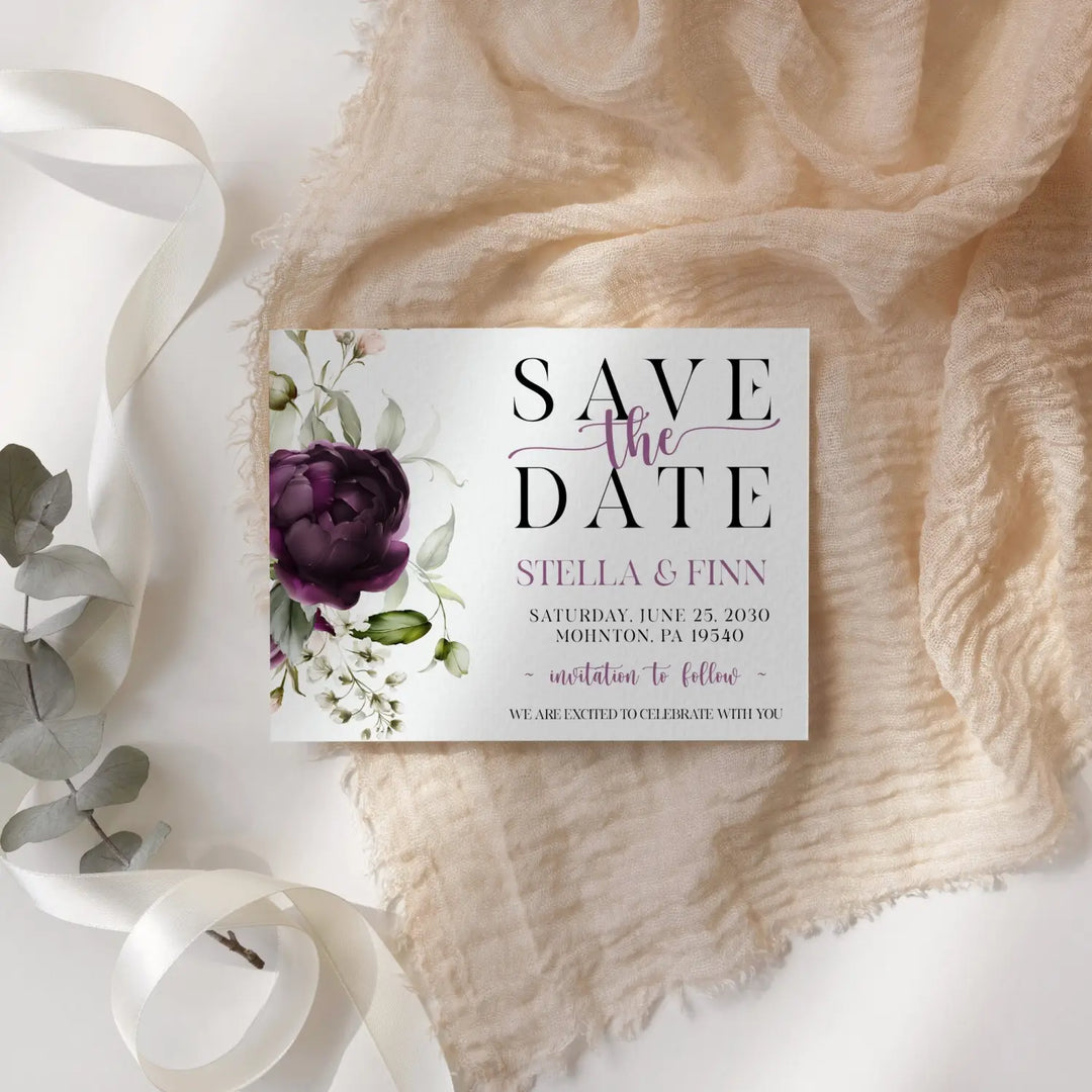 Purple passion save the date cards 3.5x5 & 4bar sizes printable printed options wedding event announcements