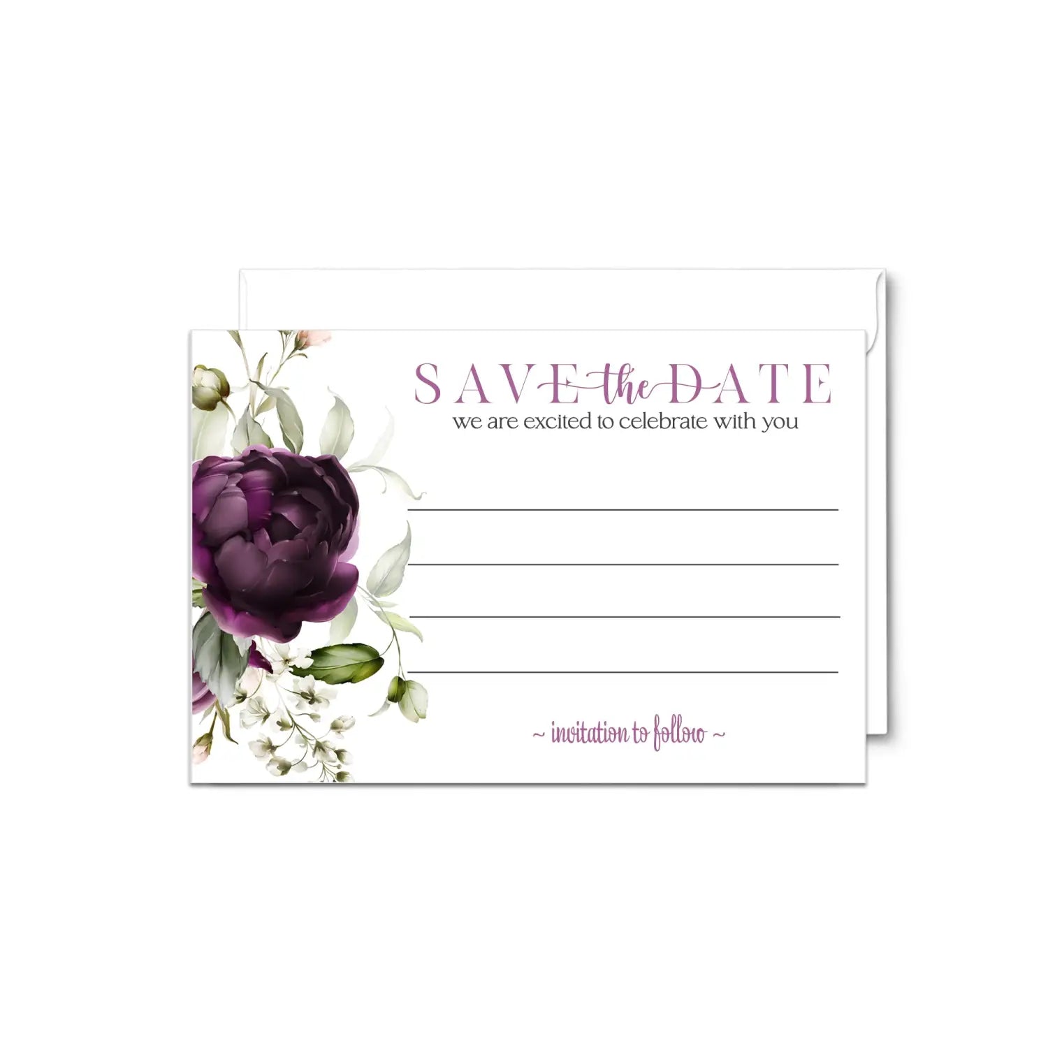 Purple passion save the date cards with envelopes - 25 pack modern floral all occasion invitations for weddings