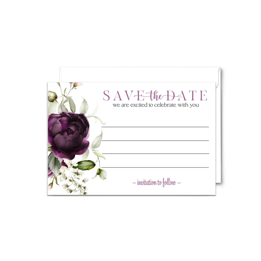 Purple passion save the date cards with envelopes - 25 pack modern floral all occasion invitations for weddings