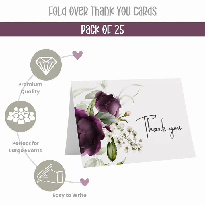 Purple Passion Thank You Cards - 25 Blank Notecards Set with Envelopes for Every Occasion - Paper Clever Party