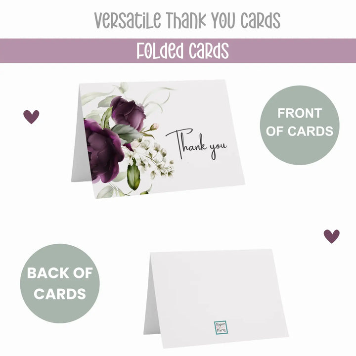 Purple Passion Thank You Cards - 25 Blank Notecards Set with Envelopes for Every Occasion - Paper Clever Party