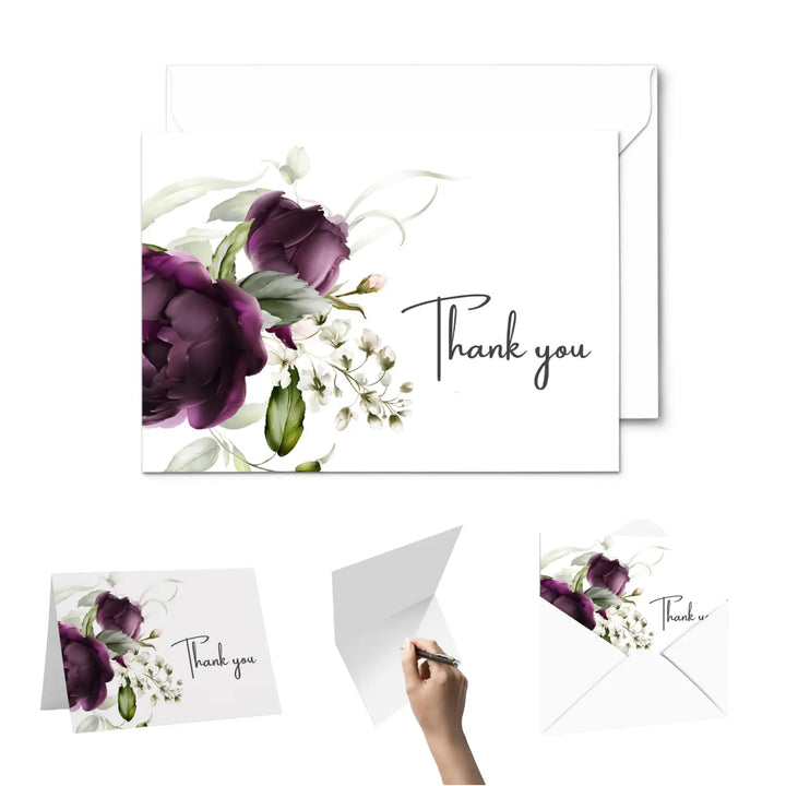 Purple Passion Thank You Cards - 25 Blank Notecards Set with Envelopes for Every Occasion - Paper Clever Party