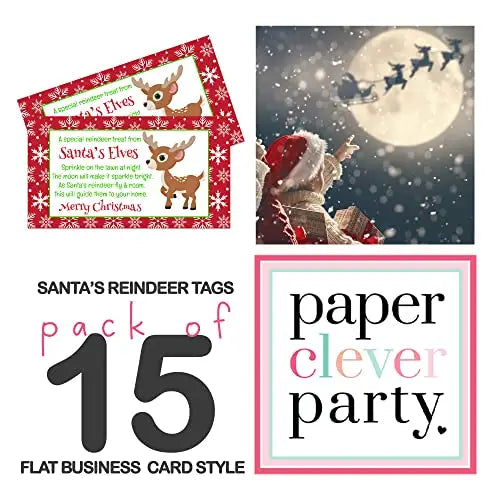 Reindeer Food for Christmas Eve Gift Tags, Kids Holiday Party Favors Xmas Red and White, Santa's Magic Rudolph Labels, Flat Cards, 15 Count - Paper Clever Party