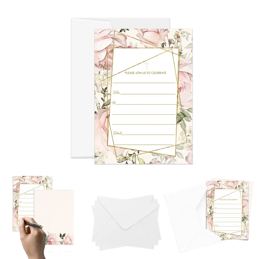 Rose Gold Baptism Invitations with Envelopes Girls, Custom DIY Invite Cards Floral, 25 Pack - Paper Clever Party