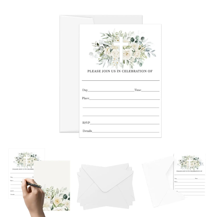 Rustic Elegance Baptism Invitations with Envelopes, 20 Pack, 5x7 Blank Cards - Paper Clever Party