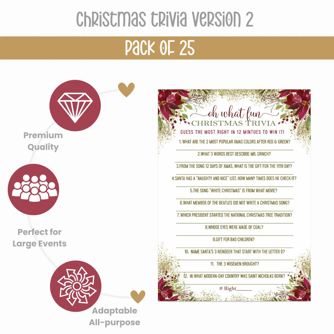 Rustic Floral Christmas Trivia Game Fun Party Activity with Holiday Movie and Song Questions for Adults, Office, Group, Thanksgiving, 25 Pack, 5x7 Cards, Version 2 - Paper Clever Party