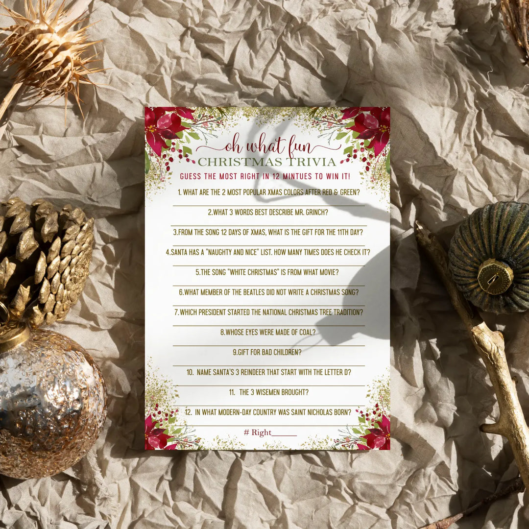 Rustic Floral Christmas Trivia Game Fun Party Activity with Holiday Movie and Song Questions for Adults, Office, Group, Thanksgiving, 25 Pack, 5x7 Cards, Version 2 - Paper Clever Party