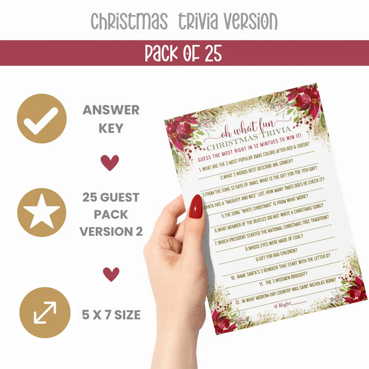 Rustic Floral Christmas Trivia Game Fun Party Activity with Holiday Movie and Song Questions for Adults, Office, Group, Thanksgiving, 25 Pack, 5x7 Cards, Version 2 - Paper Clever Party