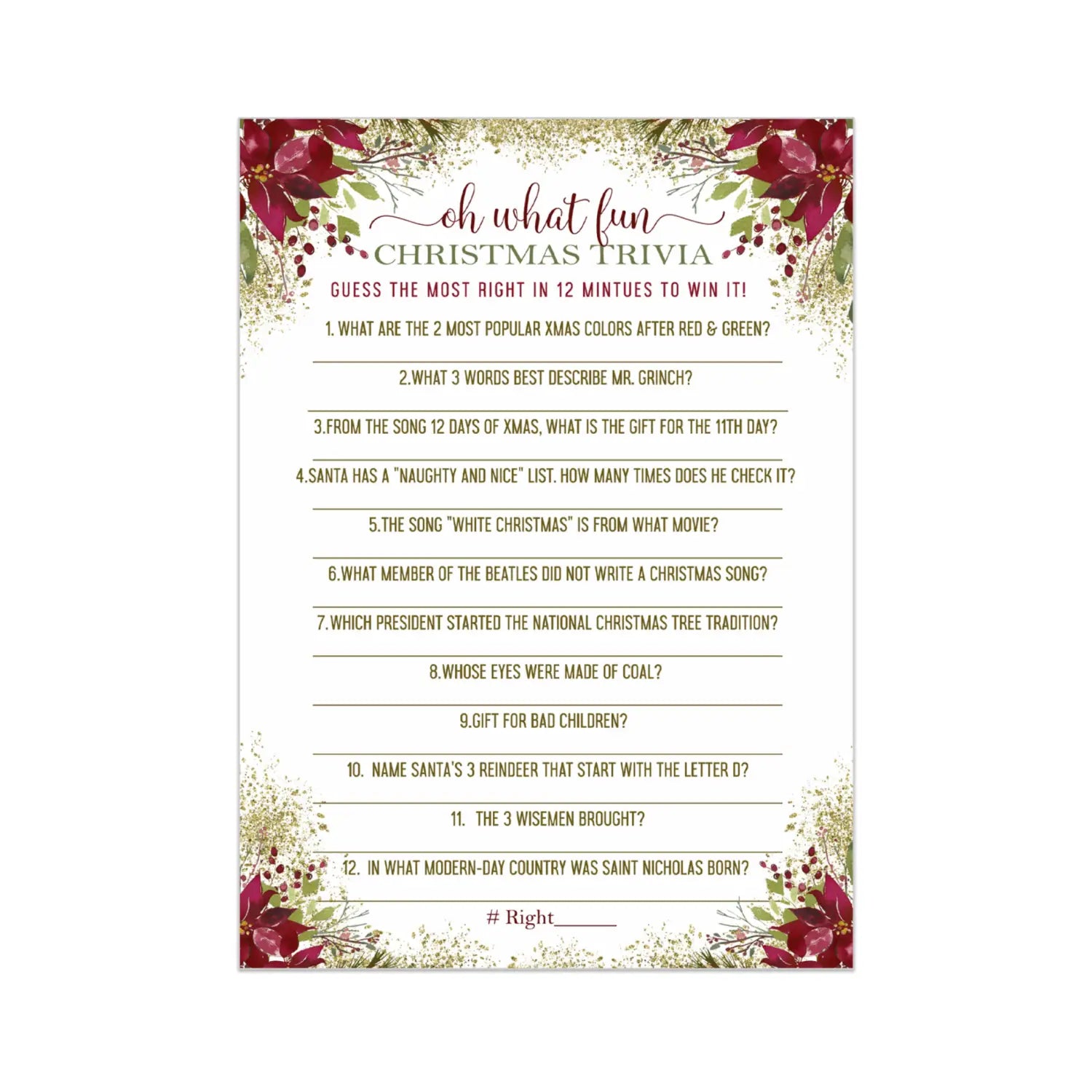 Rustic floral christmas trivia game fun party activity with holiday movie and song questions for adults office group
