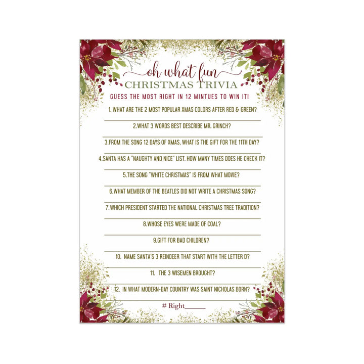 Rustic Floral Christmas Trivia Game Fun Party Activity with Holiday Movie and Song Questions for Adults, Office, Group, Thanksgiving, 25 Pack, 5x7 Cards, Version 2 - Paper Clever Party