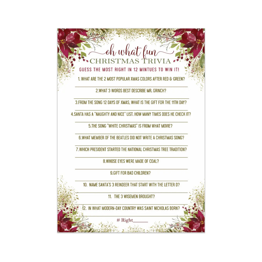 Rustic Floral Christmas Trivia Game Fun Party Activity with Holiday Movie and Song Questions for Adults, Office, Group, Thanksgiving, 25 Pack, 5x7 Cards, Version 2 - Paper Clever Party