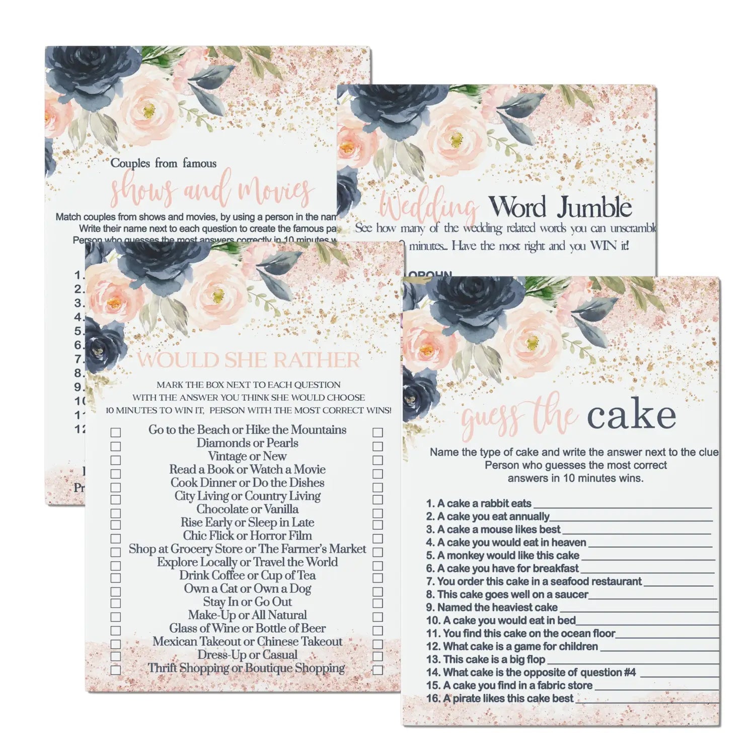 Rustic floral would she rather guess the cake famous couples navy and pink bridal shower game bundle - 5x7 cards