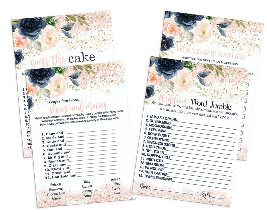 Rustic Floral Would She Rather, Guess The Cake, Famous Couples Navy and Pink Bridal Shower Game Bundle - 5x7 Cards Double-Sided for 25 Guests - Paper Clever Party