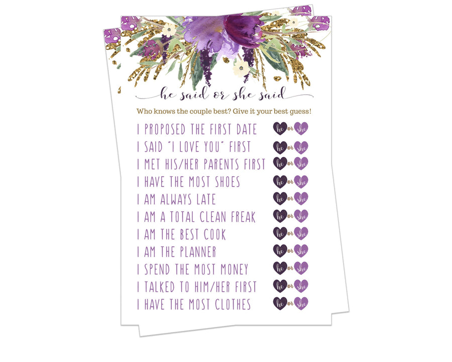 Rustic Lilac He or She Said Bridal Shower Game - Funny Couple’s Wedding Activity, Purple and Gold, 25 Pack - Paper Clever Party