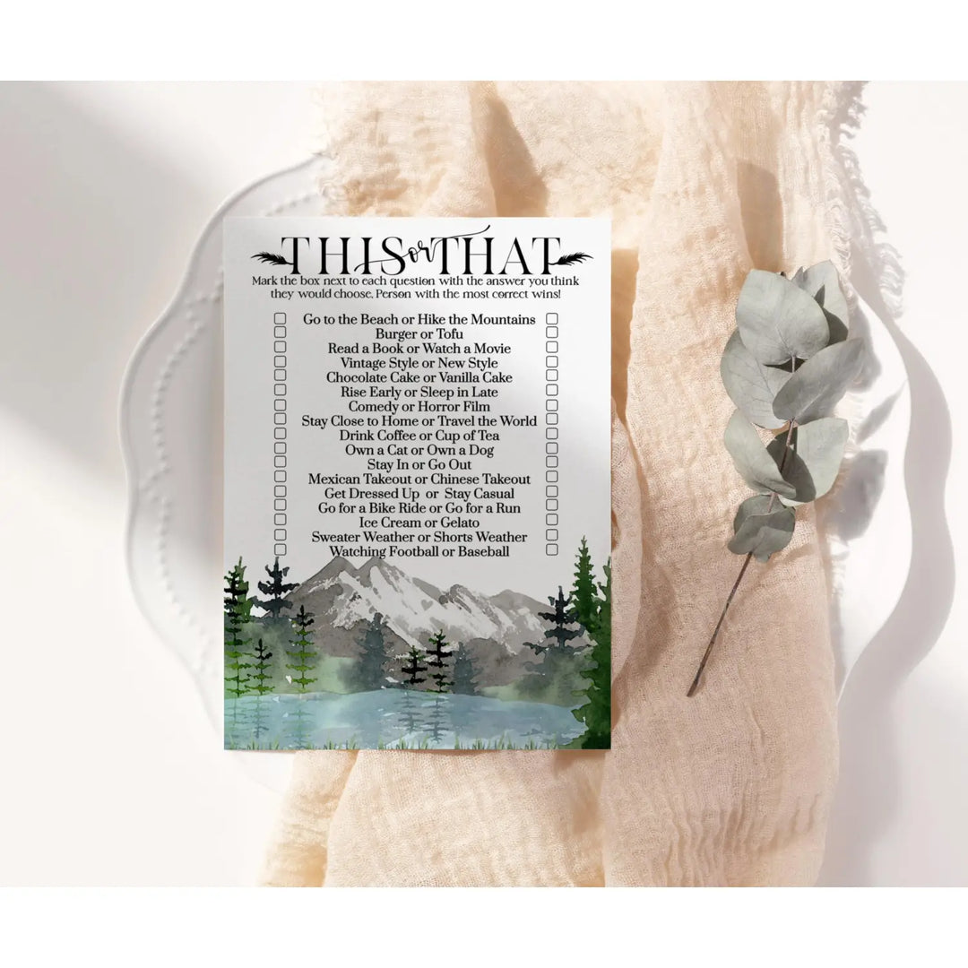 Rustic Mountain Adventure Would She Rather Bridal Shower Game - 25 Pack of This or That Birthday Party Activities - Paper Clever Party