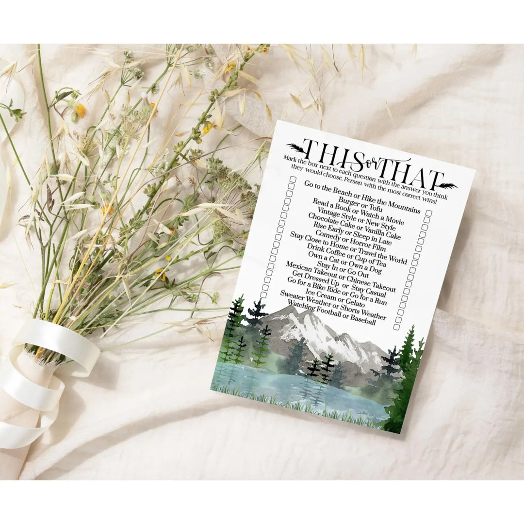 Rustic Mountain Adventure Would She Rather Bridal Shower Game - 25 Pack of This or That Birthday Party Activities - Paper Clever Party