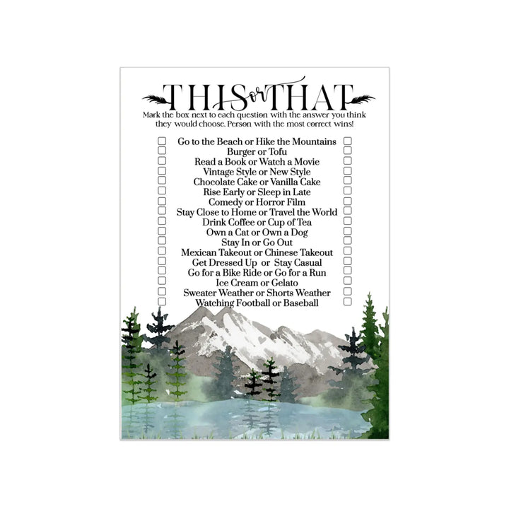 Rustic Mountain Adventure Would She Rather Bridal Shower Game - 25 Pack of This or That Birthday Party Activities - Paper Clever Party