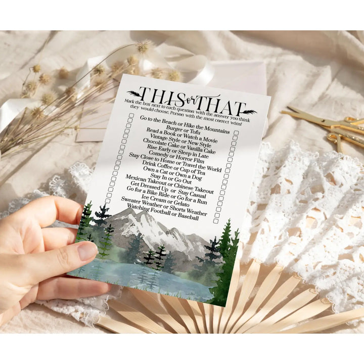 Rustic Mountain Adventure Would She Rather Bridal Shower Game - 25 Pack of This or That Birthday Party Activities - Paper Clever Party