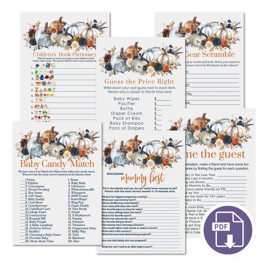 Rustic pumpkin baby shower games bundle – instant download printable activities coed celebration fun digital game diy