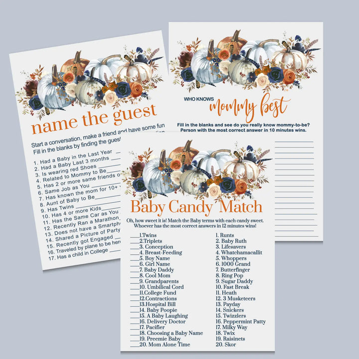 Rustic pumpkin baby shower games bundle – instant download printable activities coed celebration fun digital game diy