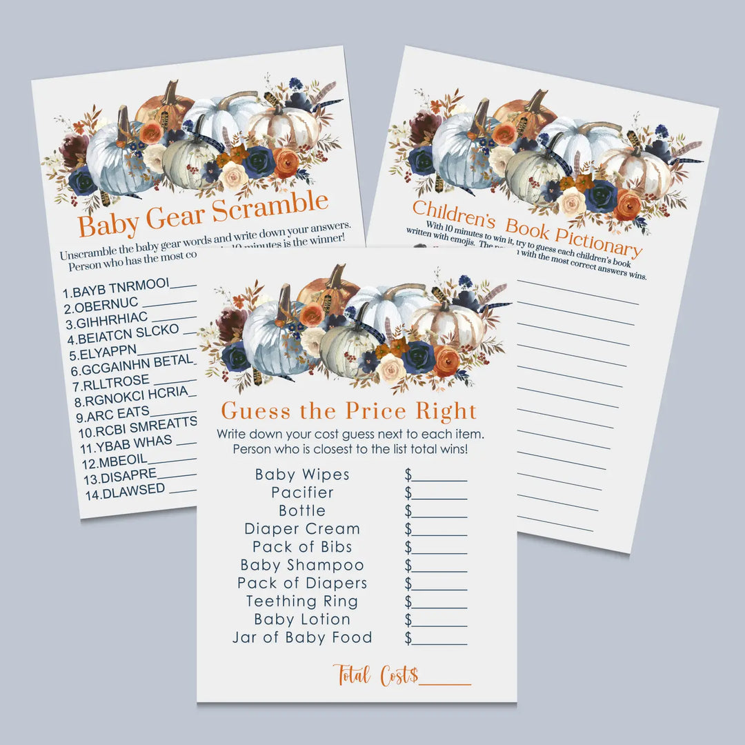 Rustic pumpkin baby shower games bundle – instant download printable activities coed celebration fun digital game diy
