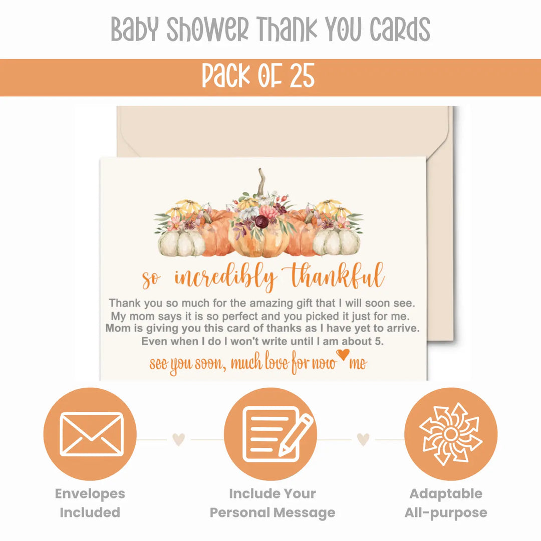 Rustic Pumpkin Baby Shower Thank You Cards – Prewritten Notes (Pack of 25) - Paper Clever Party