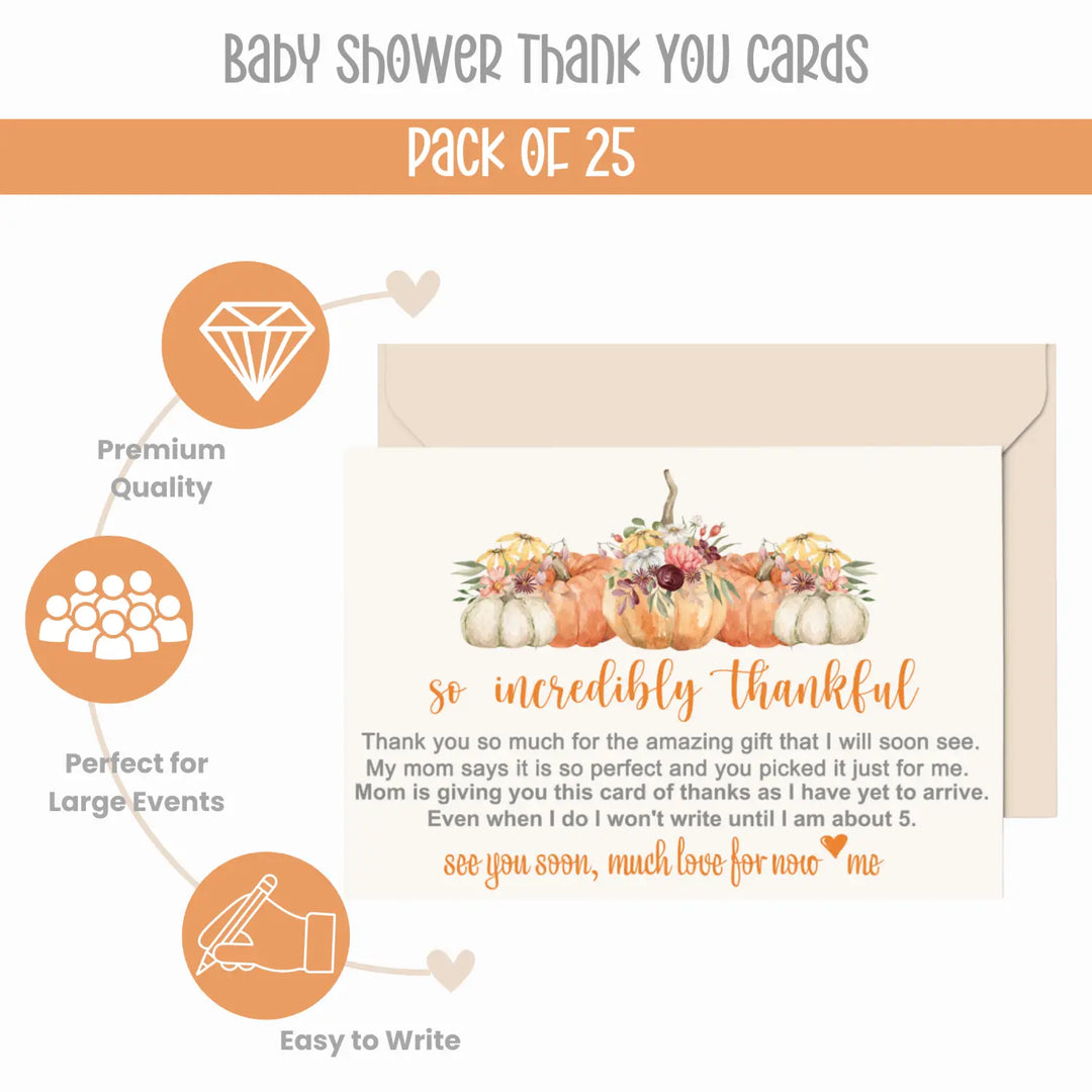 Rustic Pumpkin Baby Shower Thank You Cards – Prewritten Notes (Pack of 25) - Paper Clever Party